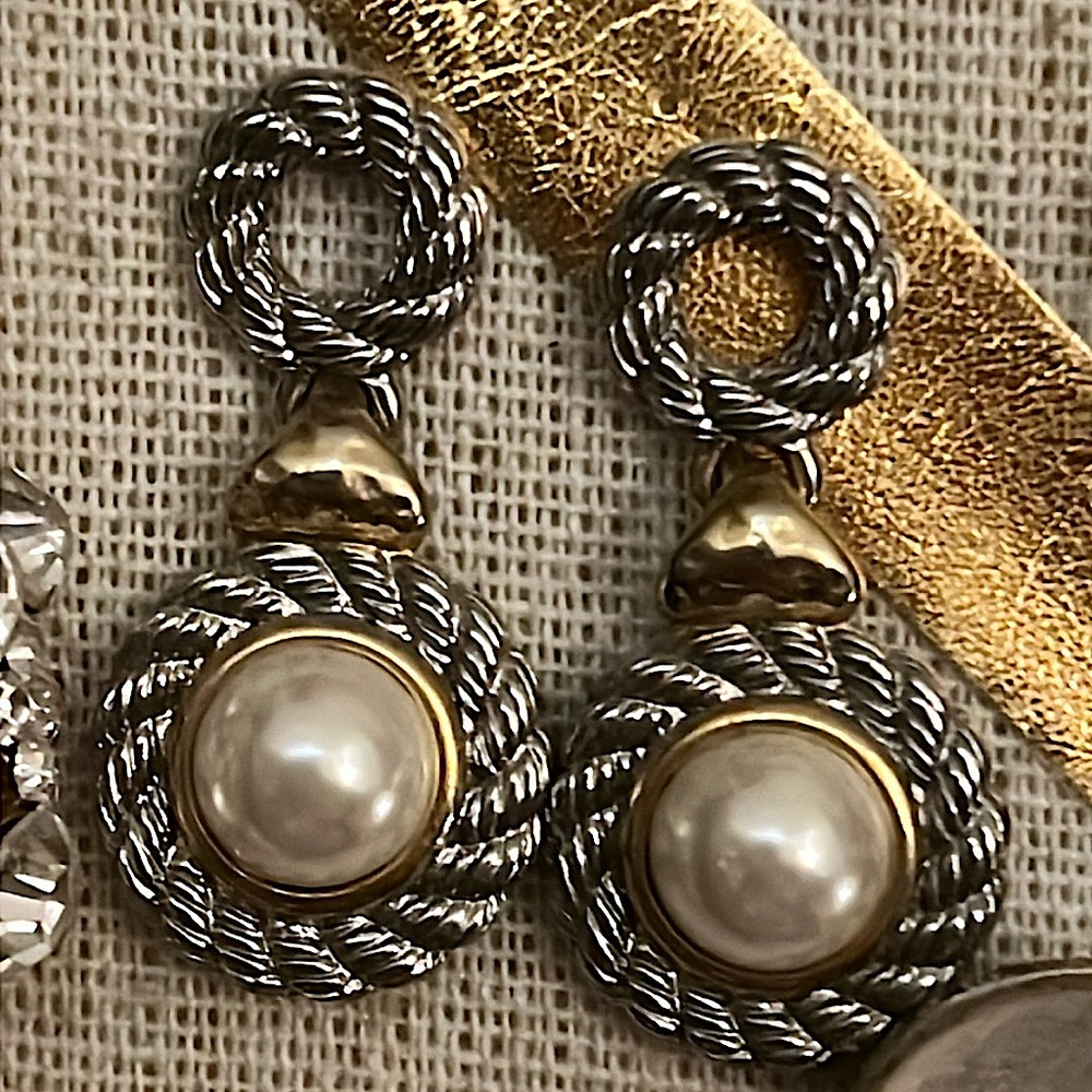 Silver & gold drop stud everyday earrings with pearl accent statement; preppy